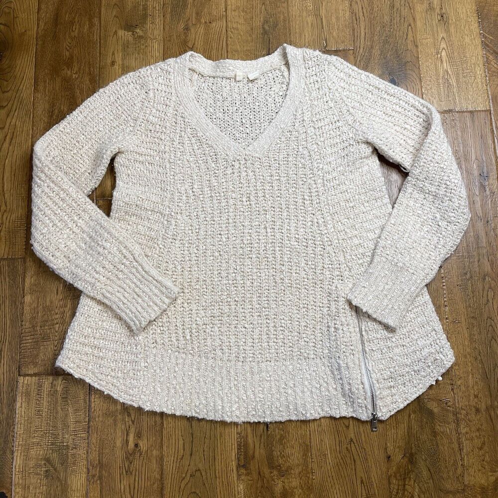 Anthropologie MOTH Women's Nubby Sweater Ivory V Neck Alpaca Wool Side Zip Sz S